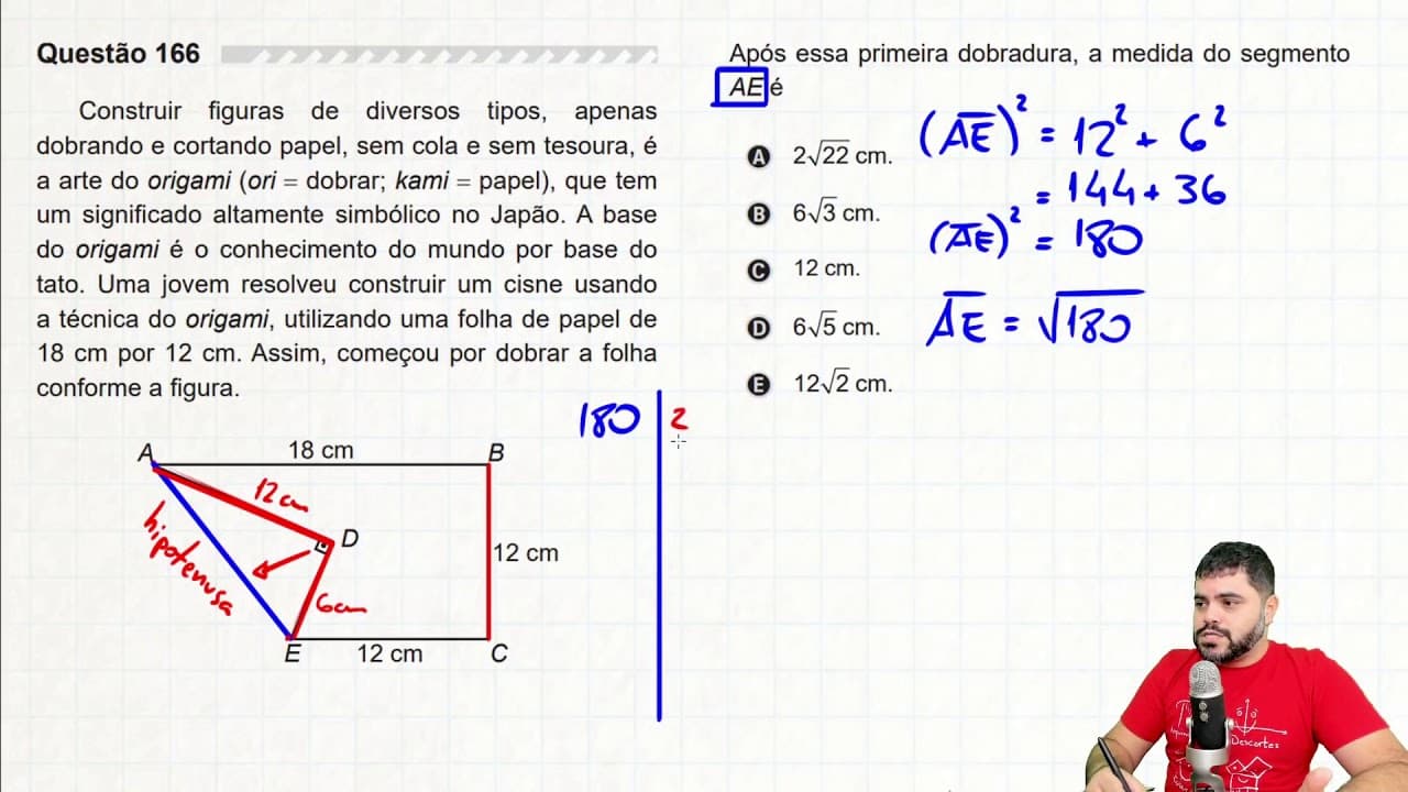Thumbnail: 🔥 Questão sobre TEOREMA DE PITÁGORAS E ORIGAMI 166 ENEM 2019 | Construir figuras de diversos tipos