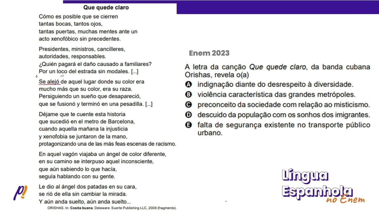 Thumbnail: ENEM 2023 - Conectores DIscursivos | A letra da canção Que quede claro, da banda cubana Orishas...