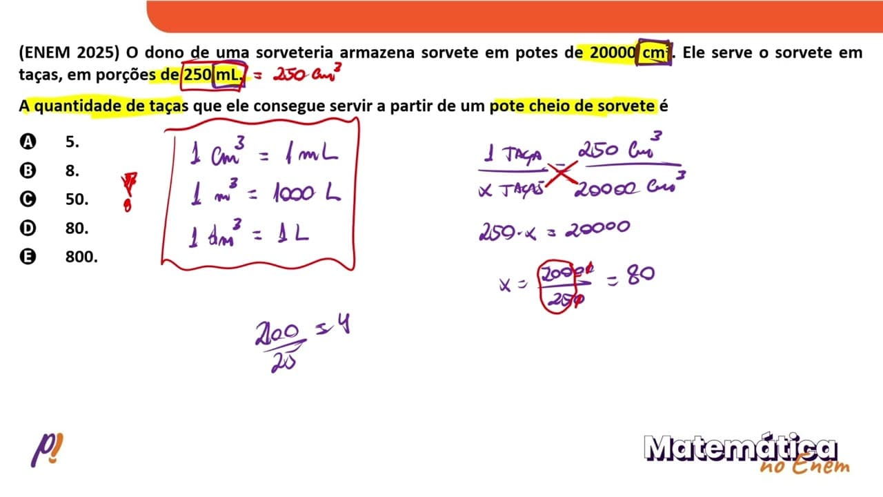 Thumbnail: ENEM 2025 | O dono de uma sorveteria armazena sorvete em potes de 20000 cm3...