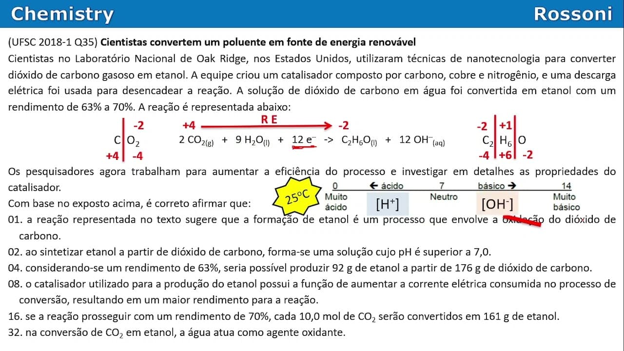 Thumbnail: UFSC 2018 verão - Questão 35 - Redox, estequiometria rendimento e pH