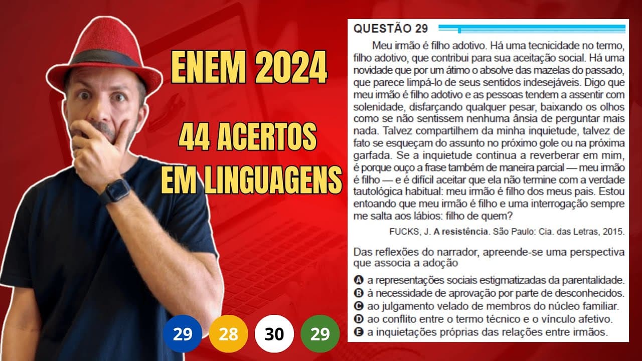 Thumbnail: Enem 2024: Meu irmão é filho adotivo. Há uma tecnicidade no termo, filho adotivo