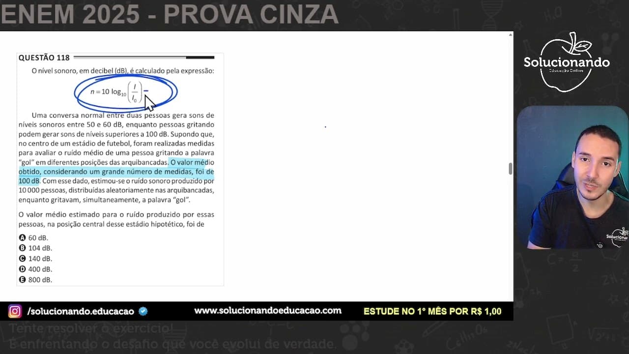 Thumbnail: ENEM 2025 - O nível sonoro, em decibel (dB), é calculado pela expressão: Uma conversa normal entre
