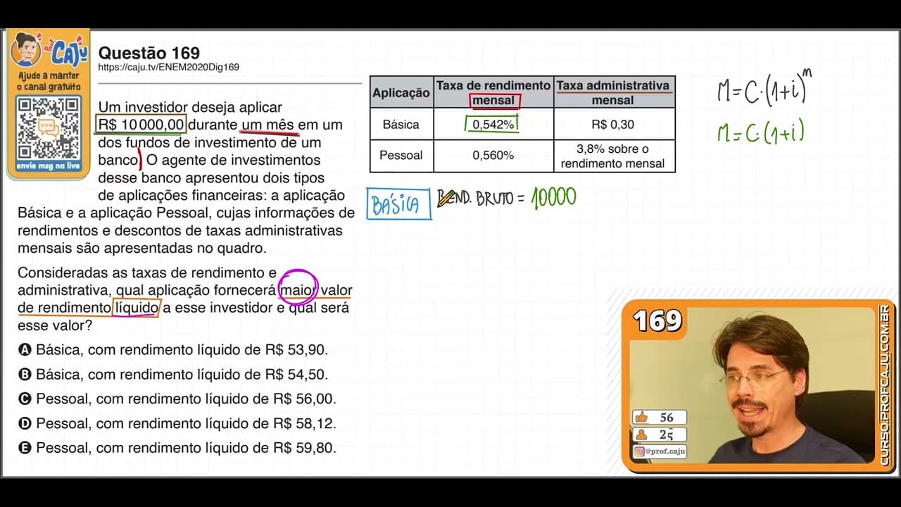 Thumbnail: [ENEM 2020 DIG] 169 📘 PORCENTAGEM Um investidor deseja aplicar R$ 10 000,00 durante um mês em um dos