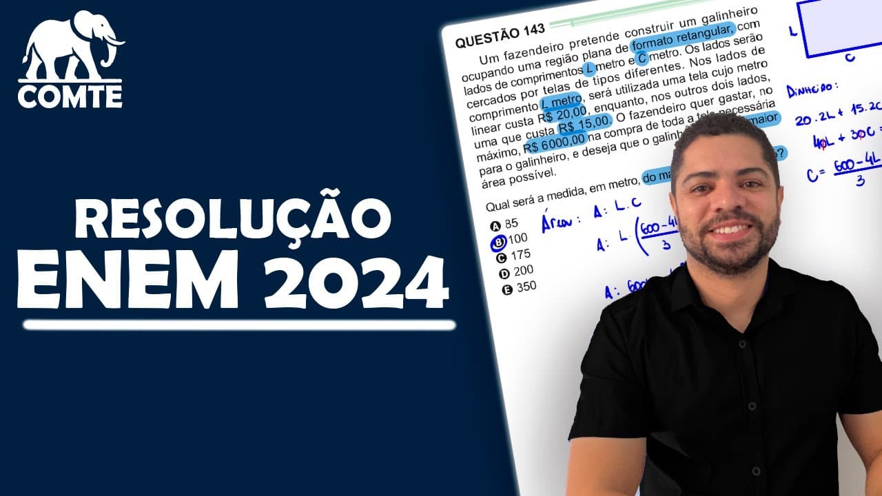 Thumbnail: Questão 143 | Prova Verde ENEM 2024 | Um fazendeiro pretende construir um galinheiro ocupando uma
