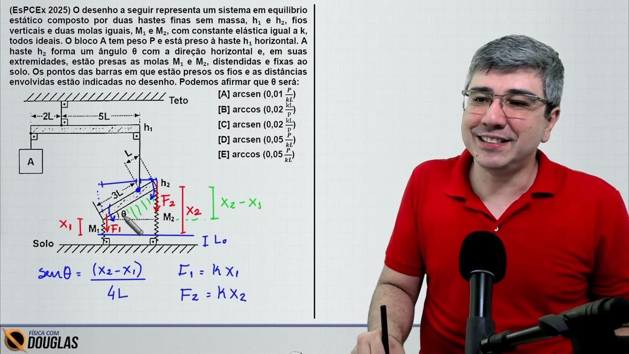Thumbnail: (EsPCEx 2025) O desenho a seguir representa um sistema em equilíbrio estático composto