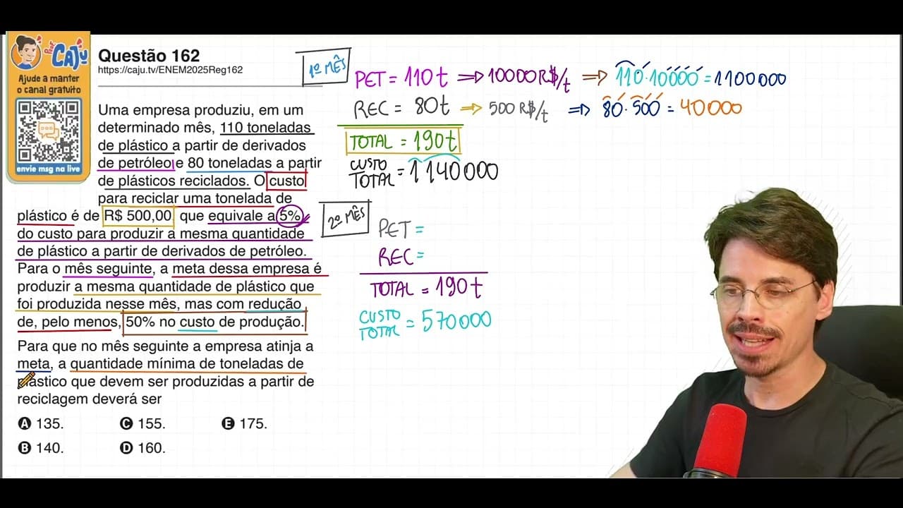Thumbnail: [ENEM 2025] 162 📘 PORCENTAGEM Uma empresa produziu, em um determinado mês, 110 toneladas de plástico