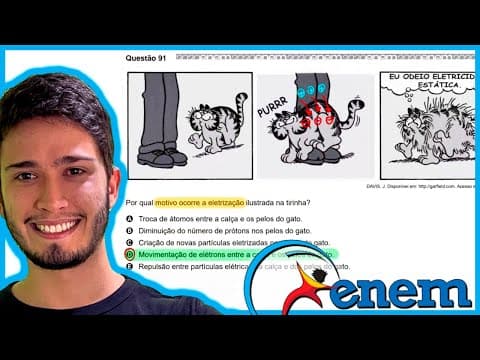 Thumbnail da aula: ENEM 2020 - Por qual motivo ocorre a eletrização ilustrada na tirinha? A) Troca de átomos entre a ca