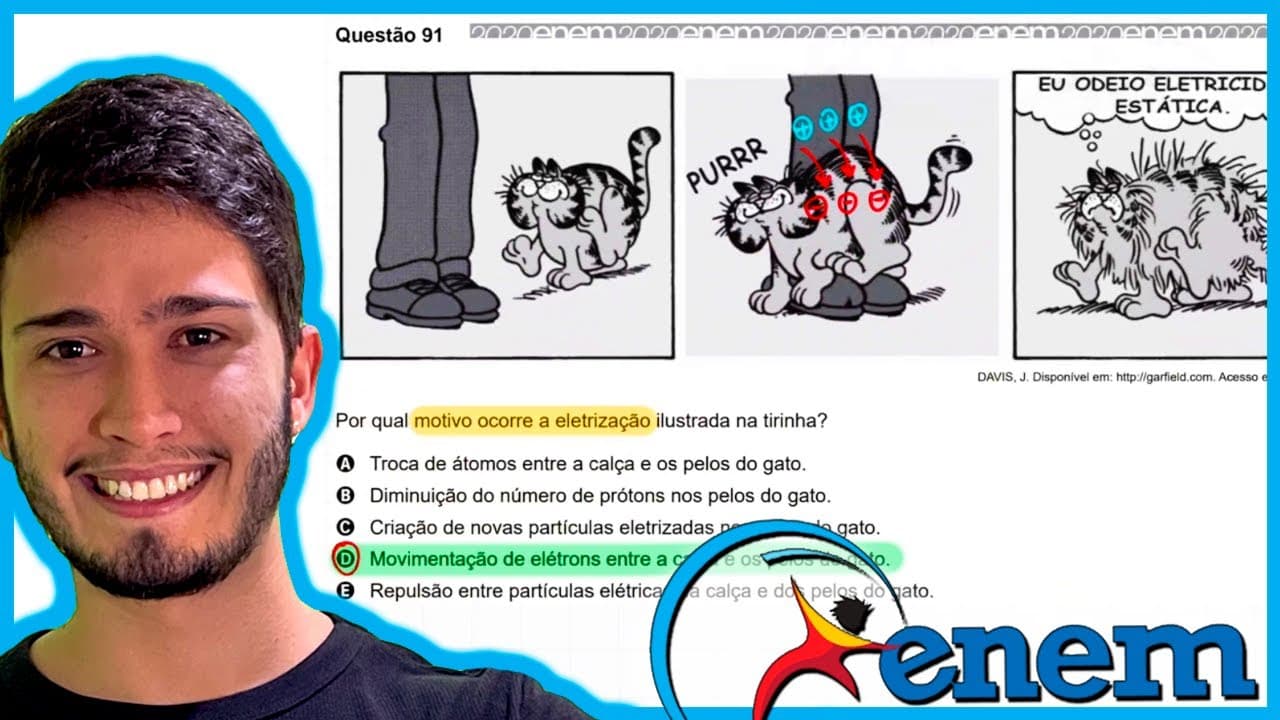 Thumbnail: ENEM 2020 - Por qual motivo ocorre a eletrização ilustrada na tirinha? A) Troca de átomos entre a ca