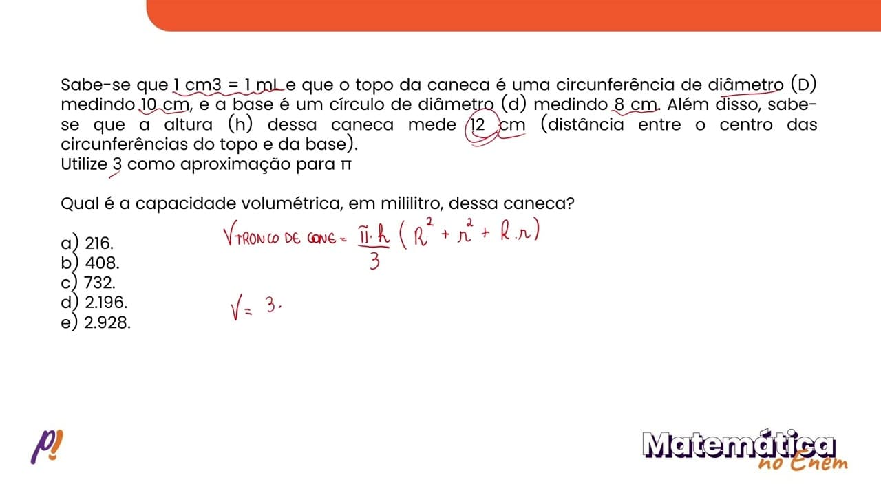 Thumbnail: ENEM 2021 - GEOMETRIA ESPACIAL | Uma pessoa comprou uma caneca para tomar sopa, conforme...