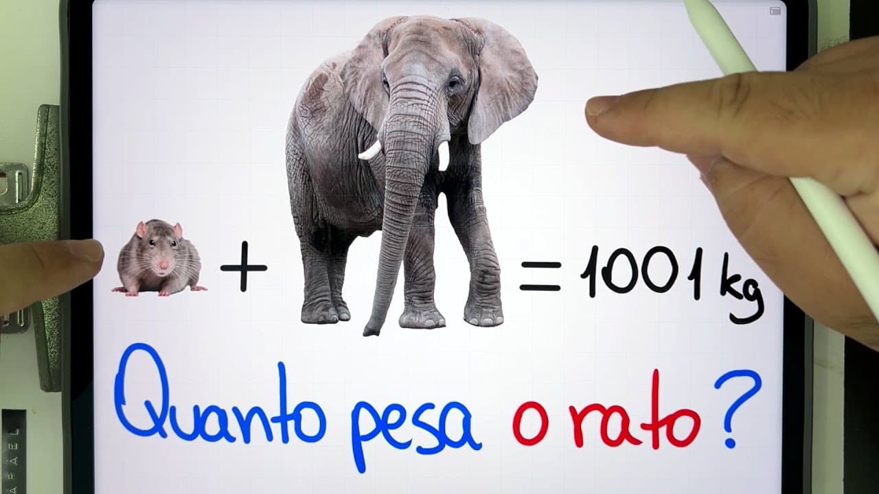 Thumbnail: 🐀+🐘 = 1001 kg Qual é o PESO DO RATO? 90% NÃO SABE! Você consegue resolver esse PROBLEMA BUGANTE?