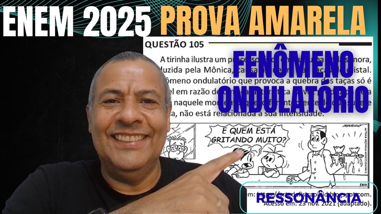 Thumbnail: ENEM 2025 AMARELA Q.105_A tirinha ilustra um processo físico em que uma onda sonora, produzida pela
