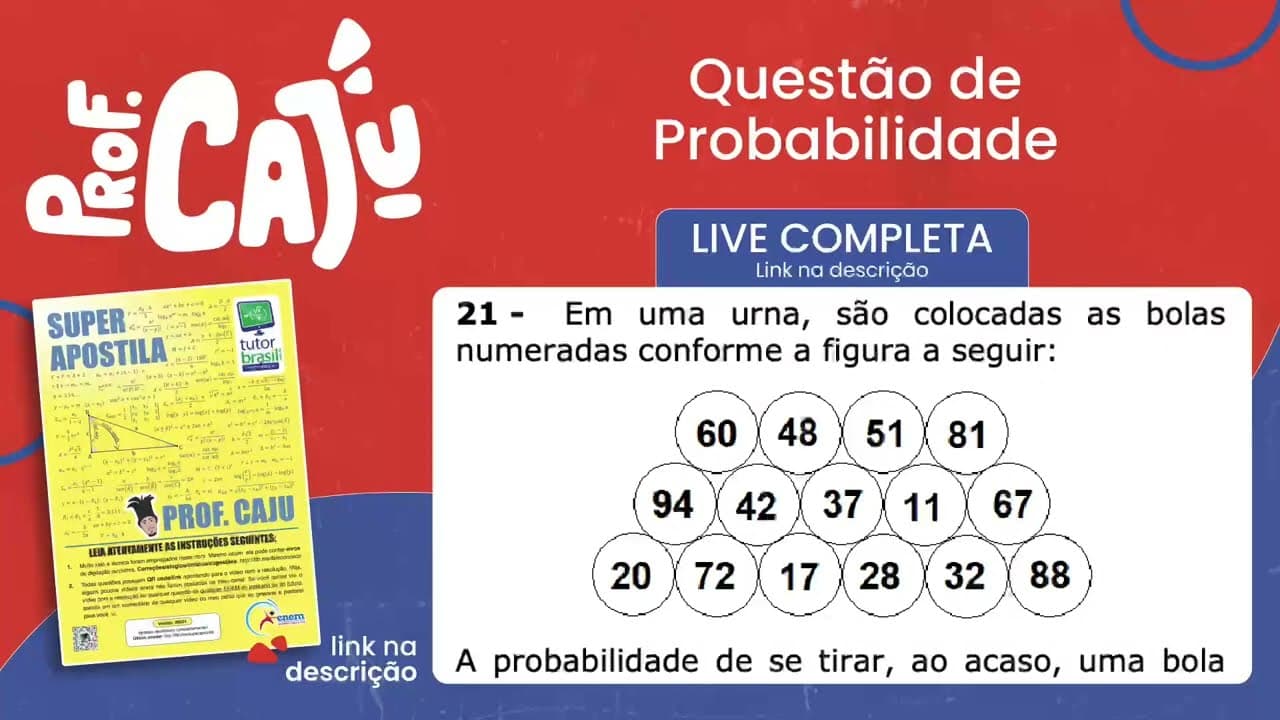 Thumbnail: [UEMS 2022] 21 📘 PROBABILIDADE Em uma urna, são colocadas as bolas numeradas conforme a figura a