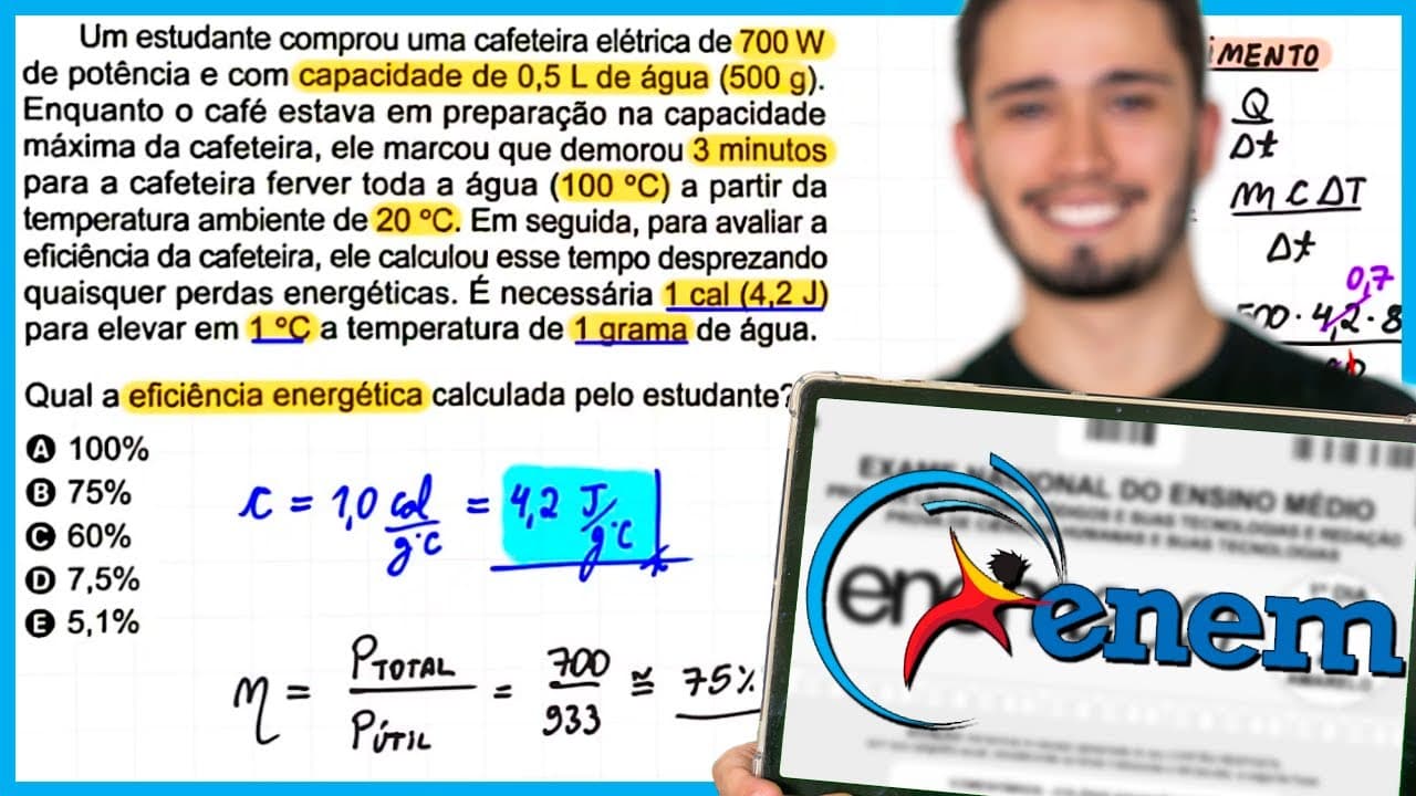 Thumbnail: ENEM 2024 - Um estudante comprou uma cafeteira elétrica de 700 W de potência e com capacidade de 0,5