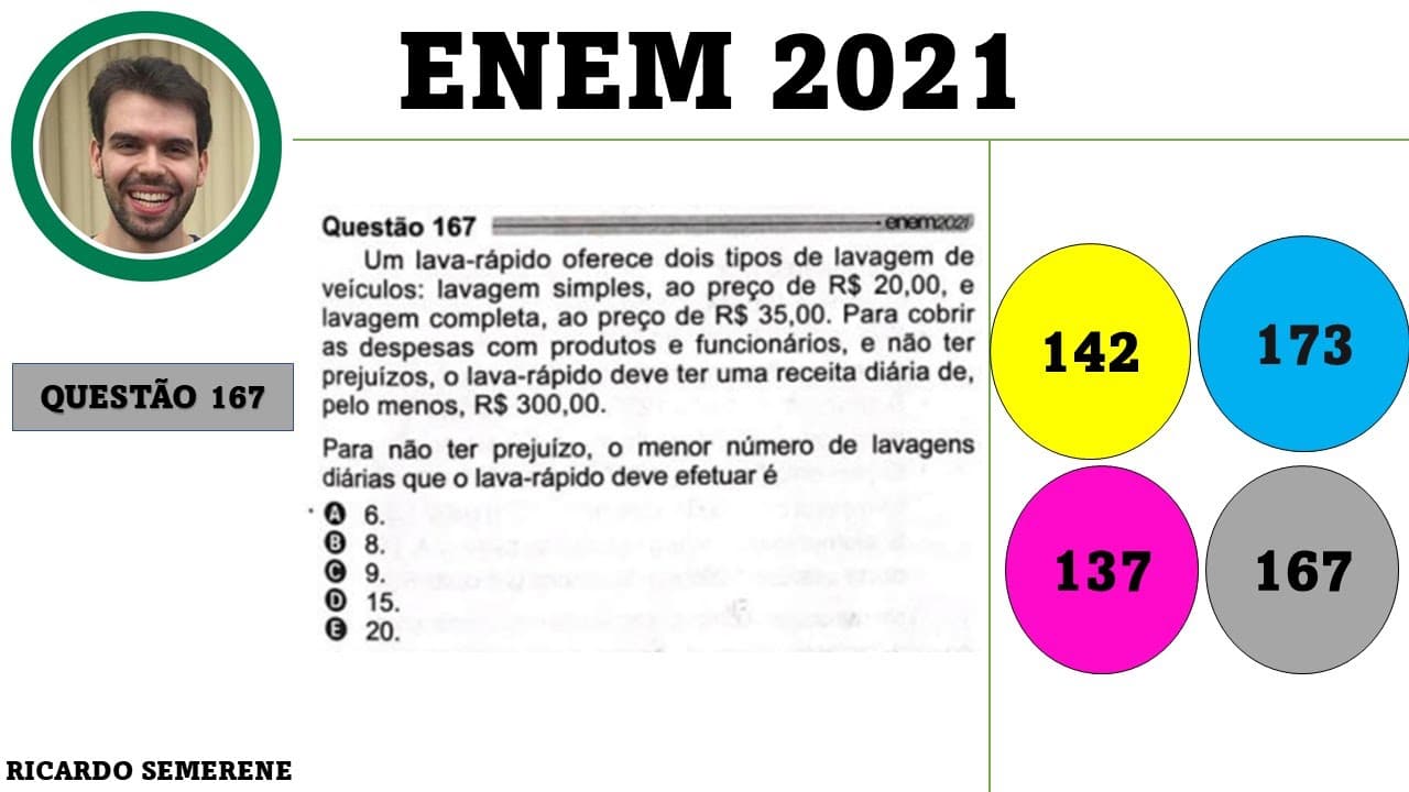 Thumbnail: [ENEM 2021] QUESTÃO 167 (PROVA CINZA) - Um lava rápido oferece dois tipos de lavagem de veículos