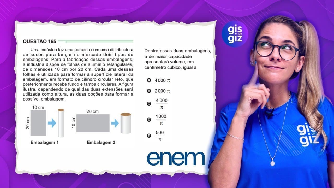 Thumbnail: ENEM - VOLUME DE UM CILINDRO - QUESTÃO 165 DA PROVA VERDE