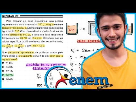 Thumbnail da aula: ENEM 2018 PPL - Para preparar uma sopa instantânea, uma pessoa aquece em um forno micro-ondas 500 g