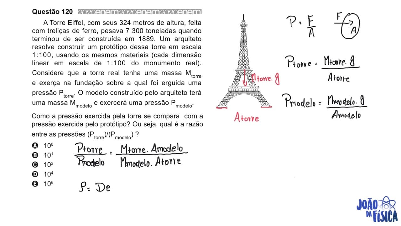 Thumbnail: ENEM 2020 - Pressão - A Torre Eiffel, com seus 324 metros de altura, feita com treliças de ferro