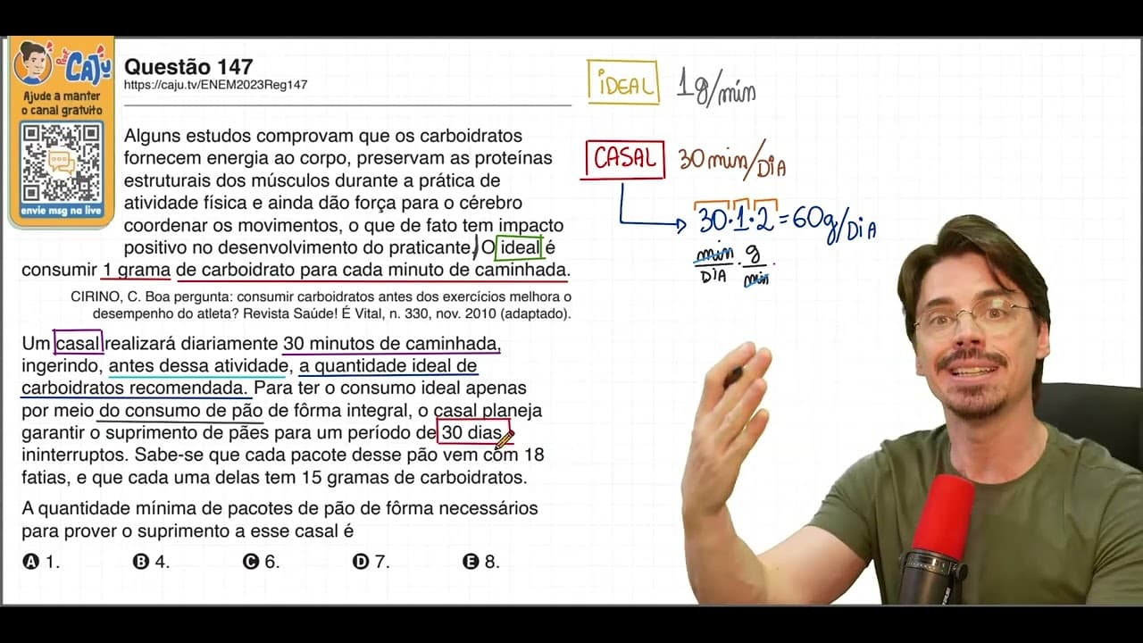 Thumbnail: [ENEM 2023] 147 📘 MULTIPLICAÇÃO Alguns estudos comprovam que os carboidratos fornecem energia ao