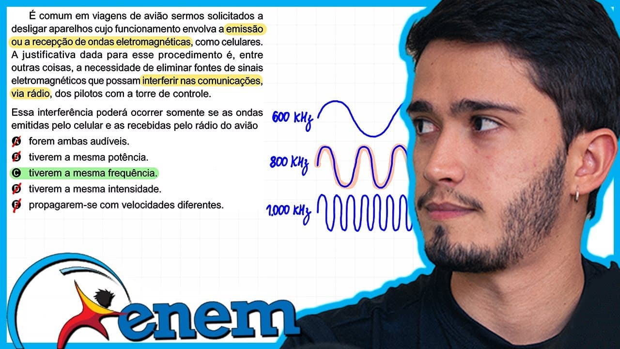 Thumbnail: ENEM 2023 - É comum em viagens de avião sermos solicitados a desligar aparelhos cujo funcionamento