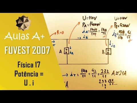 Thumbnail da aula: Dimensionamento DISJUNTADO FUVEST 2007 - Física 17 - Potência = U . i - 1ª fase - Aulas A+ Resolve