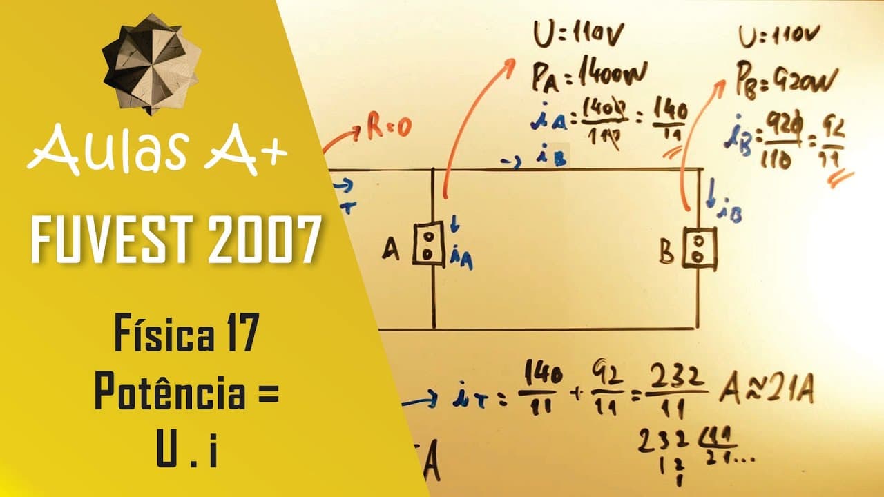 Thumbnail: Dimensionamento DISJUNTADO FUVEST 2007 - Física 17 - Potência = U . i - 1ª fase - Aulas A+ Resolve