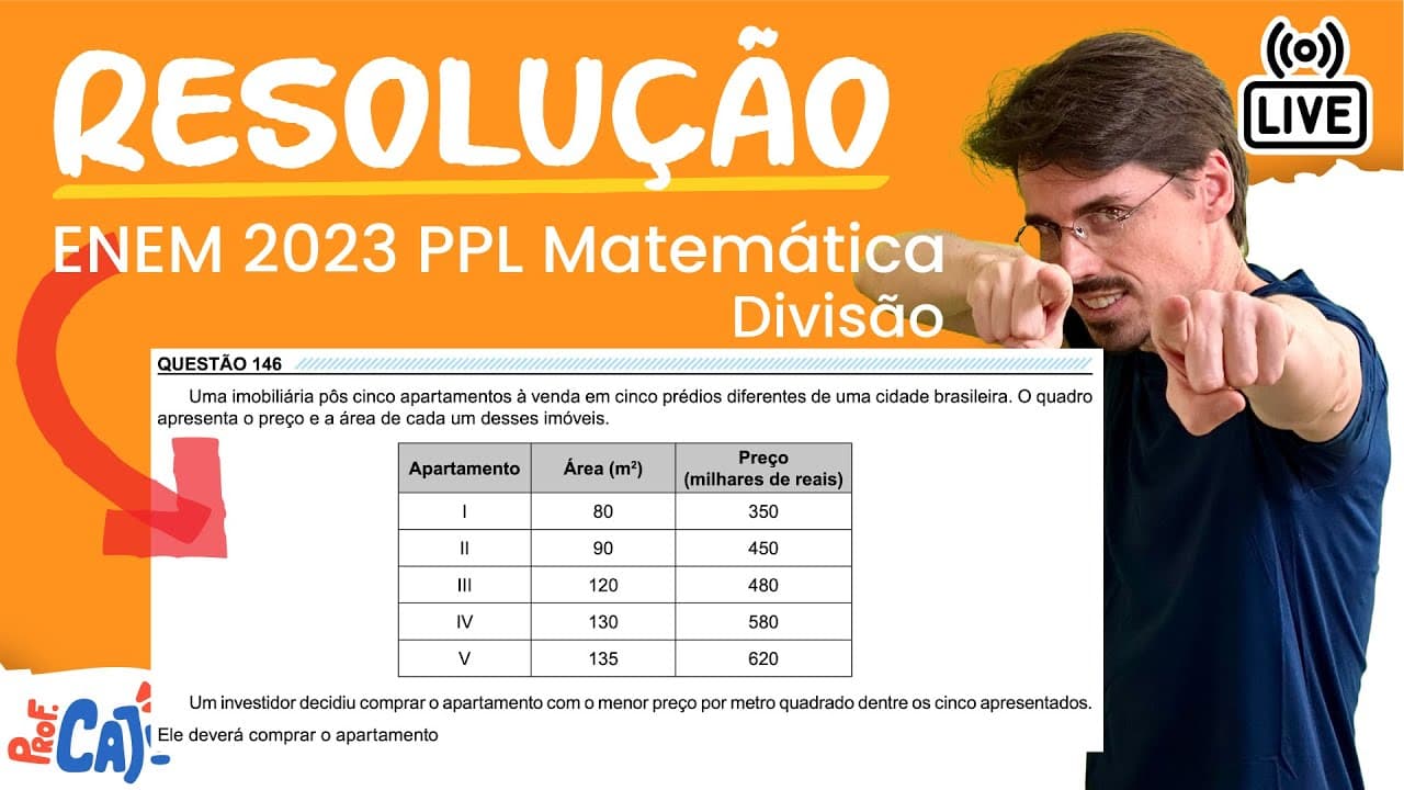 Thumbnail: [ENEM 2023 PPL] 146 📘 DIVISÃO Uma imobiliária pôs cinco apartamentos à venda em cinco prédios