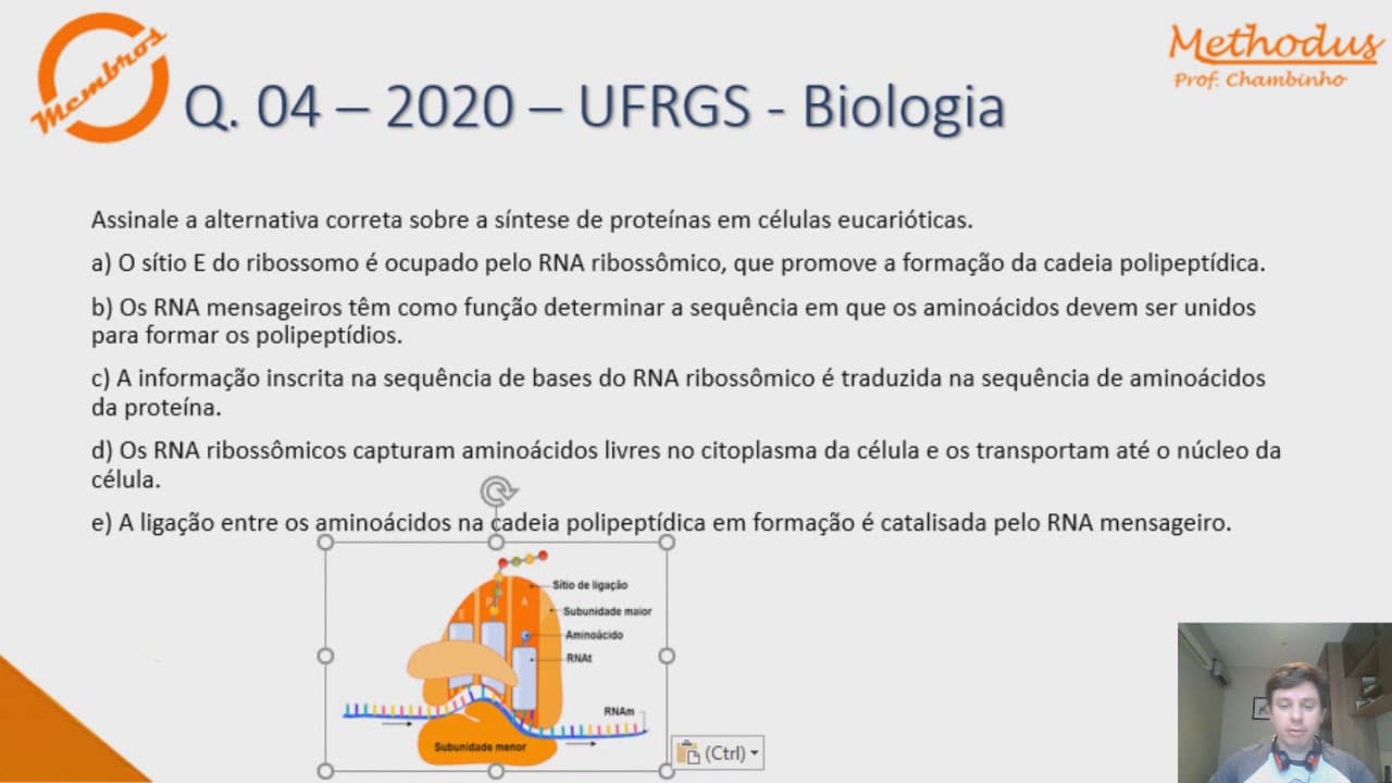 Thumbnail: Questão 04 - 2020 - UFRGS - Biologia - Assinale a alternativa correta sobre a síntese de proteínas
