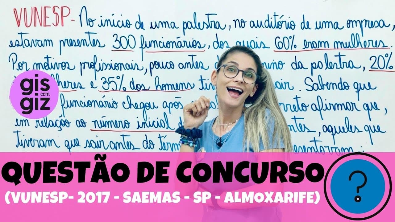 Thumbnail: Problema de PORCENTAGEM VUNESP | Explicação detalhada \Prof. Gis/