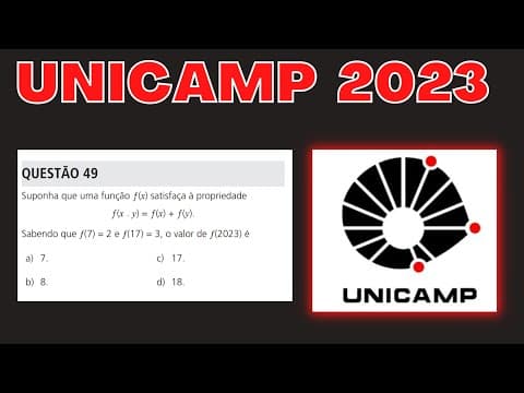 Thumbnail da aula: UNICAMP 2023 | RESOLUÇÃO MATEMÁTICA | Suponha que a função f(x) satisfaça à propriedade f(x.y)