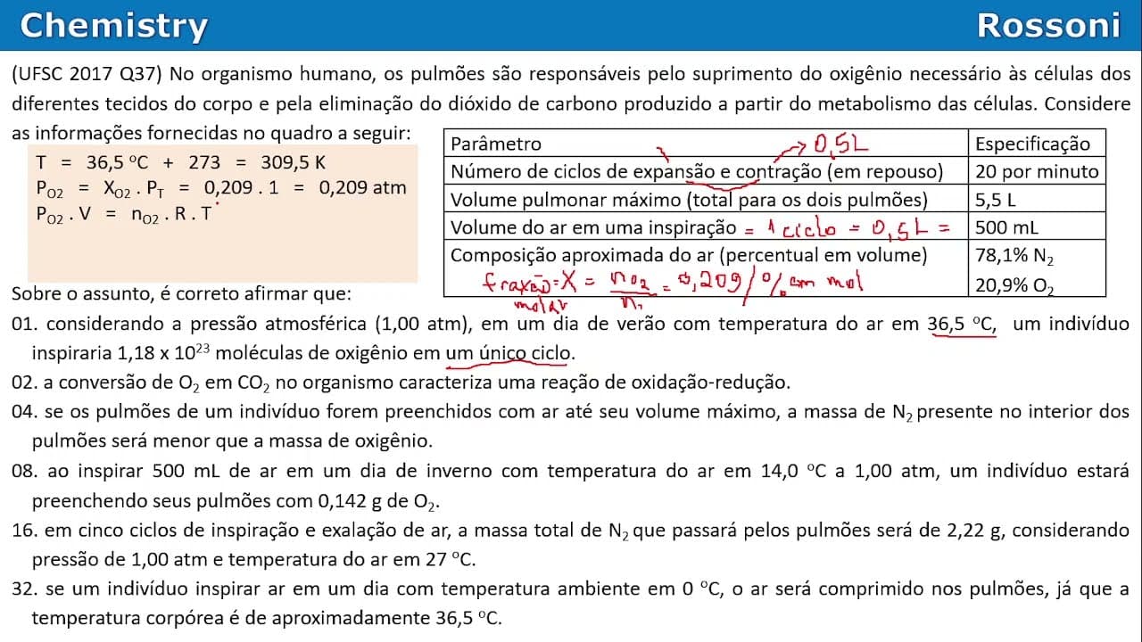 Thumbnail: UFSC 2017 - Questão 37 - Gases e pressão parcial na respiração