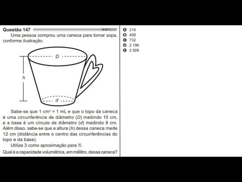 Thumbnail da aula: ENEM 2021 (Questão 147) Uma pessoa comprou uma caneca para tomar sopa, conforme ilustração ...