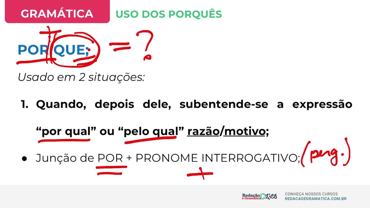 Thumbnail: USO DOS PORQUÊS: DIFERENÇAS ENTRE 'POR QUE', 'POR QUÊ', 'PORQUE' e 'PORQUÊ' - Profa. Pamba