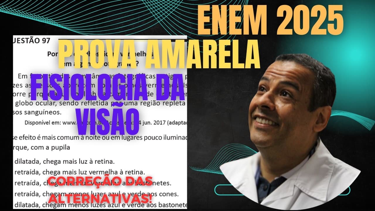 Thumbnail: ENEM 2025 AMARELA Q.97_Por que os olhos ficam vermelhos em algumas fotografias? Em fotos tiradas com