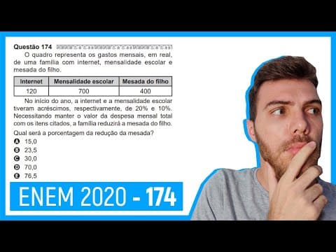 Thumbnail da aula: 🛑 Questão 174 Enem 2020 - Resolução Passo a Passo - O quadro representa os gastos mensais...