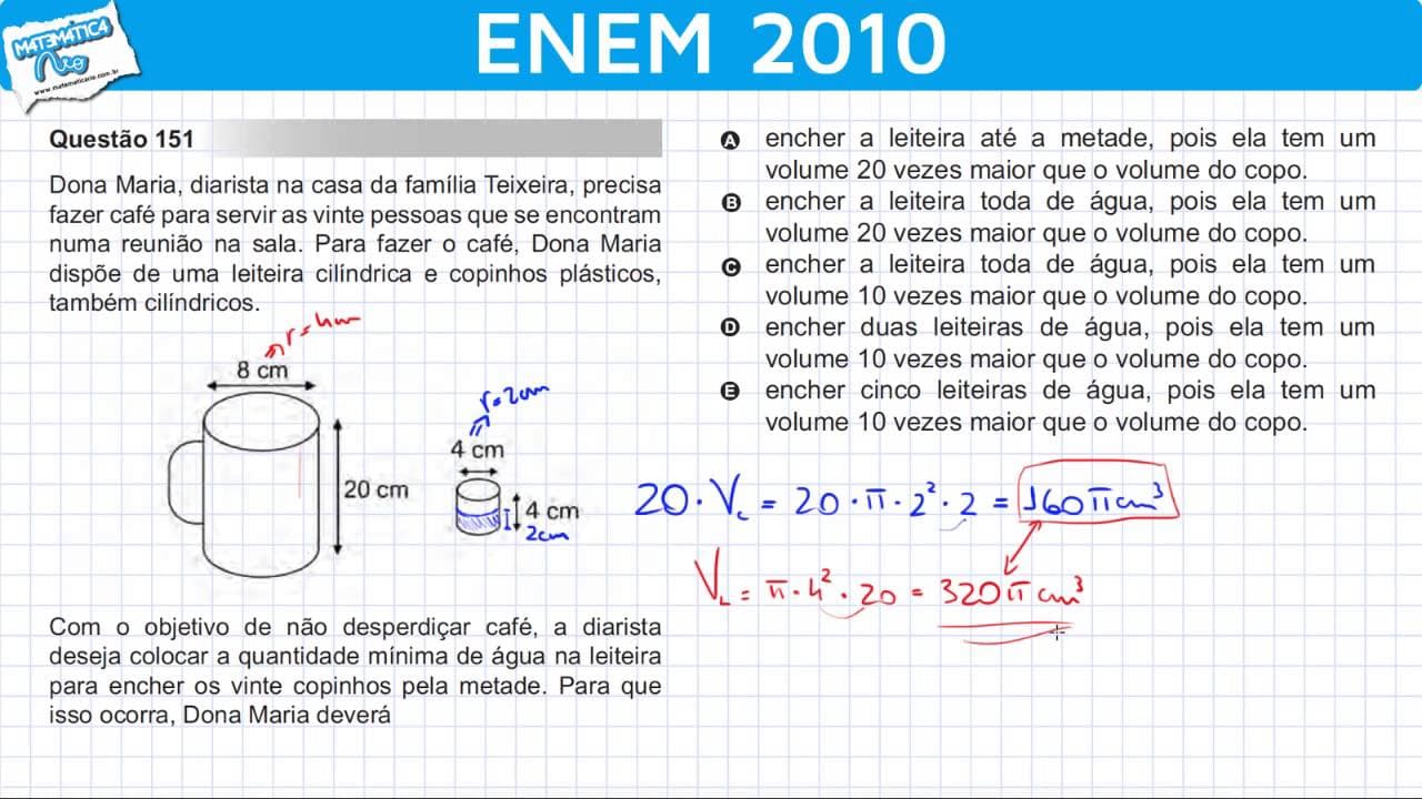 Thumbnail: ENEM 2010 Matemática #16 - Volume do Cilindro e Café da Dona Maria