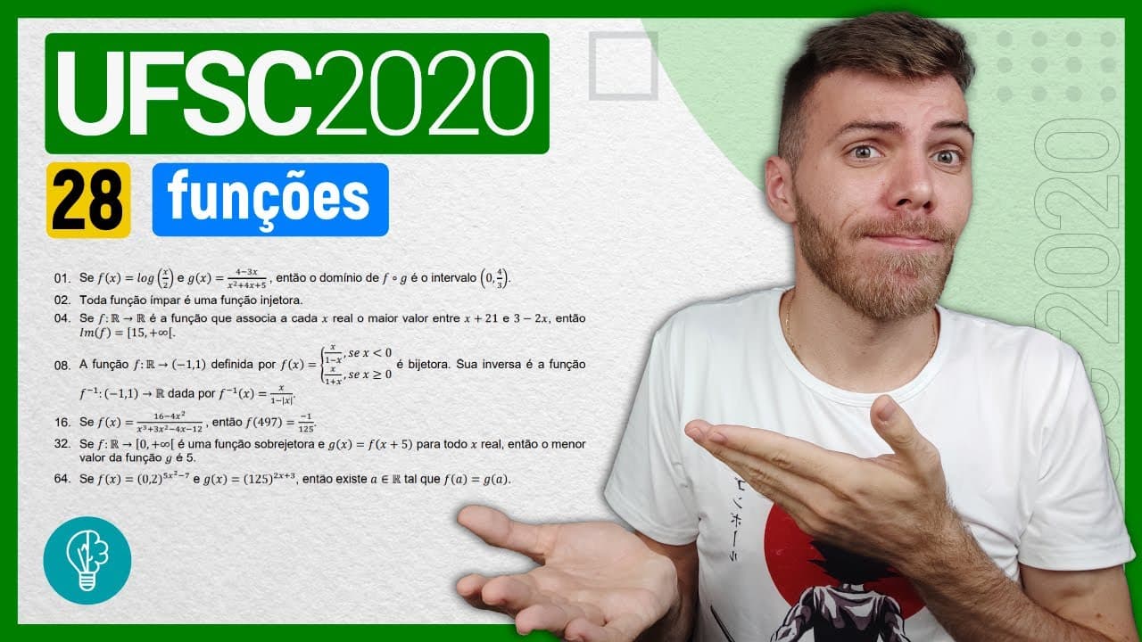 Thumbnail: 28 VESTIBULAR UFSC 2020 - FUNÇÕES - Se 𝑓(𝑥) = 𝑙𝑜𝑔 𝑥2 e 𝑔(𝑥) = 4−3𝑥 𝑥2+4𝑥+5 , então o domínio de