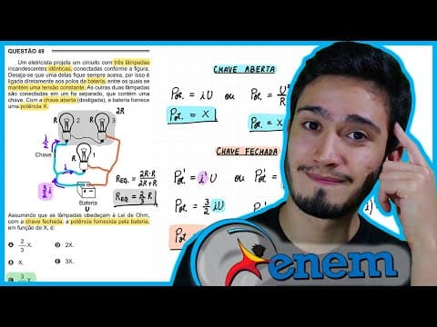 Thumbnail da aula: ENEM 2015 PPL - Um eletricista projeta um circuito com três lâmpadas incandescentes idênticas, conec