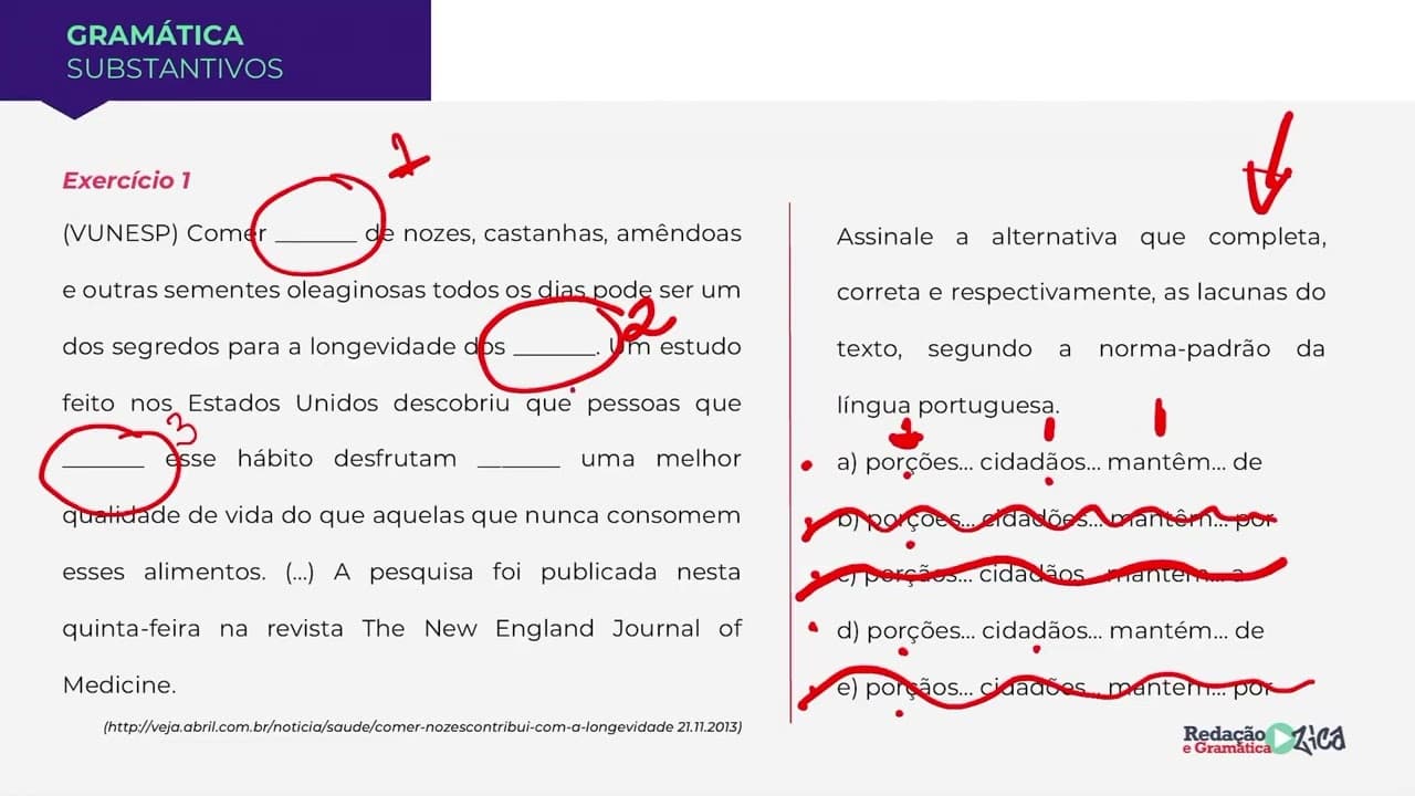 Thumbnail: SUBSTANTIVOS: RESOLUÇÃO DETALHADA DE EXERCÍCIOS - MORFOLOGIA E SINTAXE (VUNESP) - Profa. Pamba