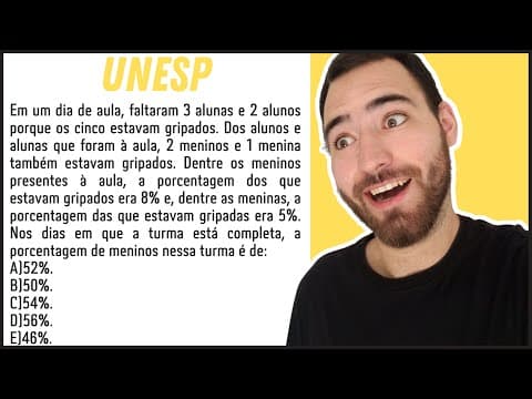 Thumbnail da aula: UNESP RESOLUÇÃO MATEMÁTICA | PORCENTAGEM | Em um dia de aula, faltaram 3 alunas e 2 alunos porque