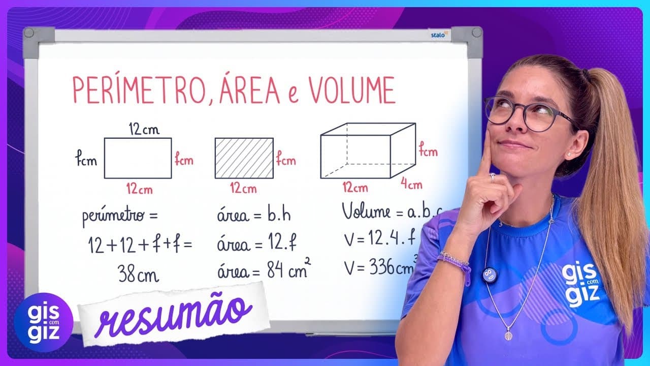 Thumbnail: 💥🧠NUNCA MAIS CONFUNDA PERÍMETRO, ÁREA E VOLUME (Fórmulas Fáceis)