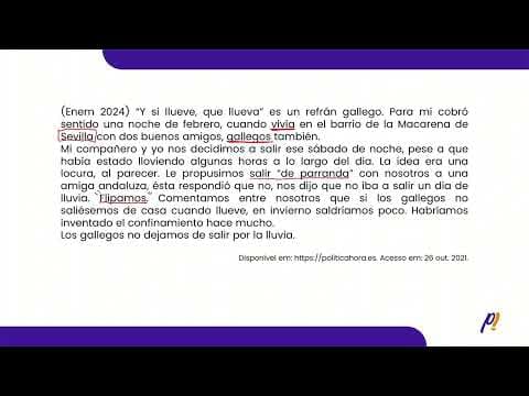 Thumbnail da aula: ENEM 2024 - TIPOLOGÍA TEXTUAL | “Y si llueve, que llueva” es un refrán gallego. Para mi cobró...