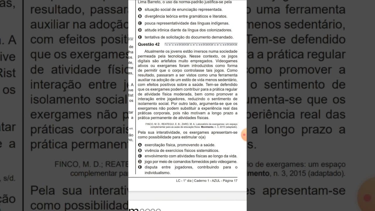 Thumbnail: Questão 42 Enem 2020 Linguagens caderno Azul 1 apli